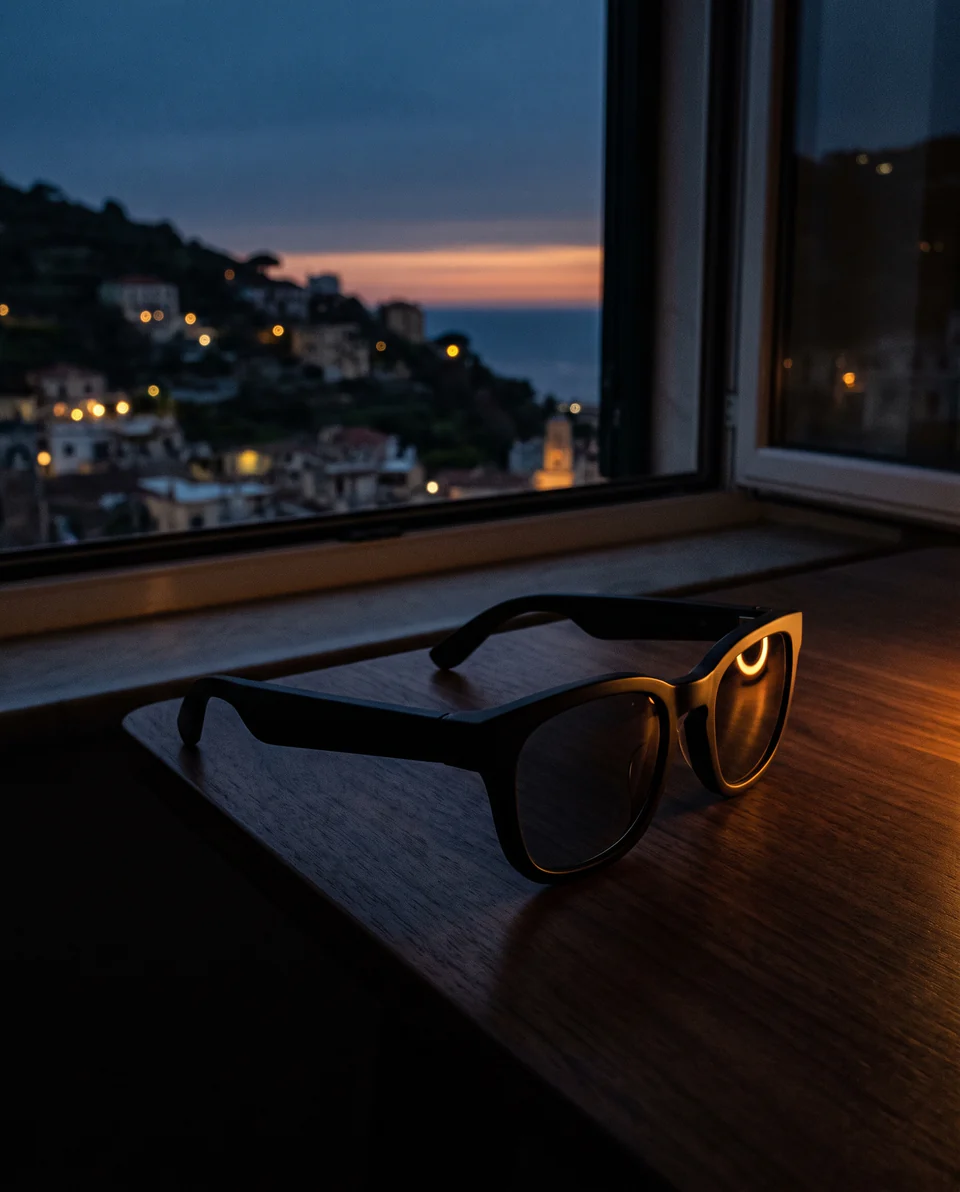 Unas gafas negras en el alféizar de una ventana al anochecer, con un anillo de luz ámbar reflejado en la lente y un pueblo sobre el mar al fondo.