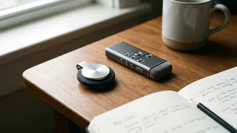 Generic illustration of a round clip-on pendant and a palm-sized voice recorder on a wooden desk, beside an open notebook and a mug, with a window behind.