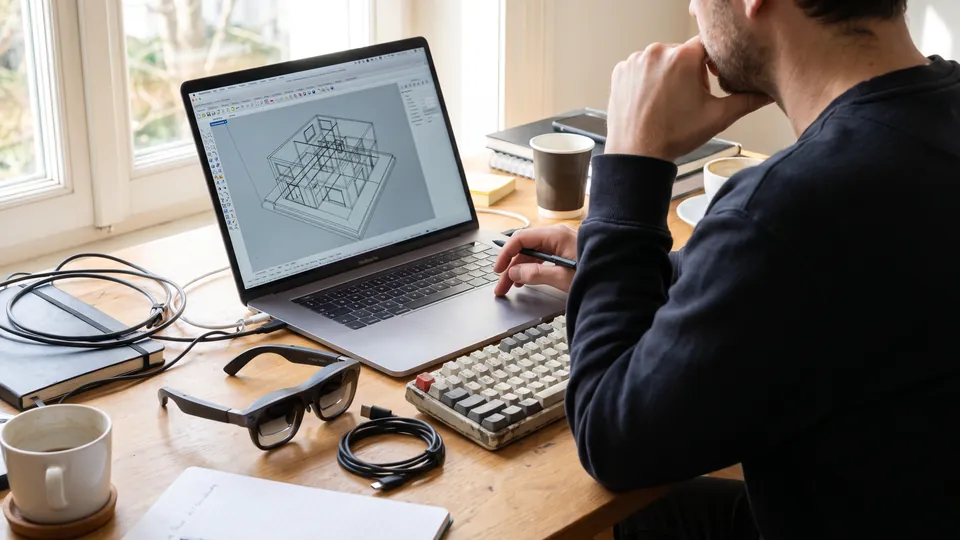 A person at a wooden desk with a laptop showing a 3D wireframe, a mug, and a pair of dark smart glasses resting beside a keyboard