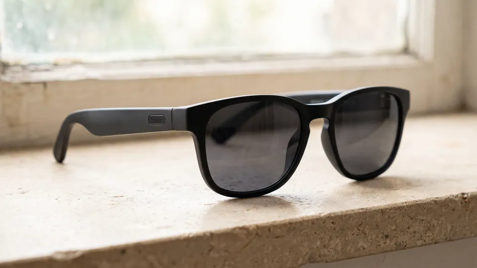 A pair of plain black sunglasses with a small speaker grille on the temple arm, resting on a pale stone window ledge, the front of the frame smooth with no camera