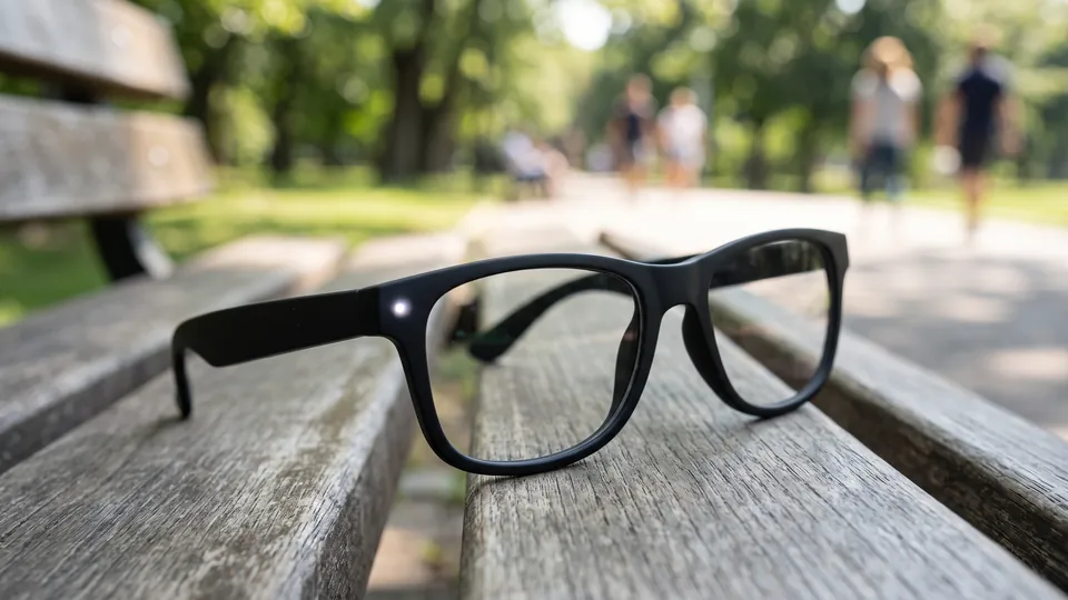 A pair of plain black glasses resting on a park bench with a small white indicator light glowing at the front corner of the frame, blurred walkers on a path behind