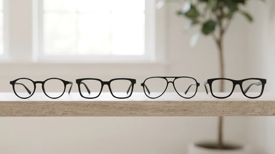 Four pairs of matte black glasses in round, square, aviator and wayfarer shapes standing in a row on a pale wooden shelf in soft window light