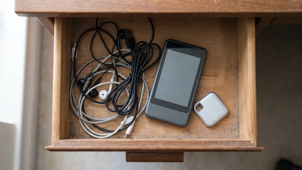 An open wooden desk drawer seen from above holding tangled cables and old earbuds, a dark handheld gadget with a blank screen and a small brushed-silver square gadget