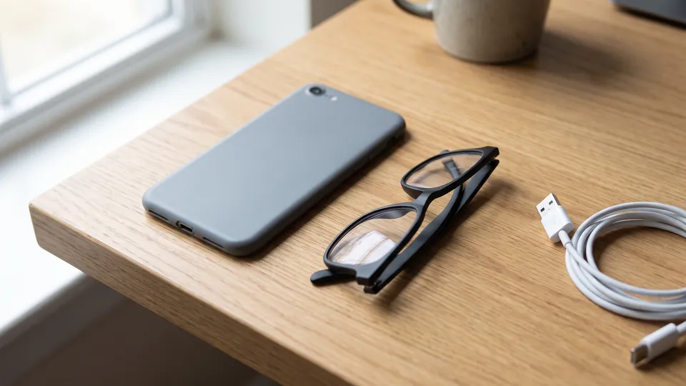 A smartphone lying face down in a gray case beside a pair of folded black glasses and a coiled white charging cable on a light wooden desk by a window