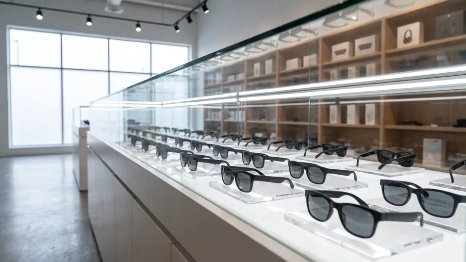 A bright showroom with a long glass display counter holding rows of black glasses on clear stands, with shelves of boxed devices behind it