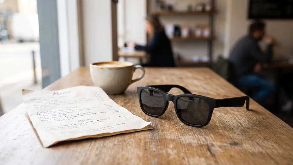 A pair of plain black smart glasses on a worn wooden cafe table beside a paper menu and a cup of coffee, with two people blurred in the background