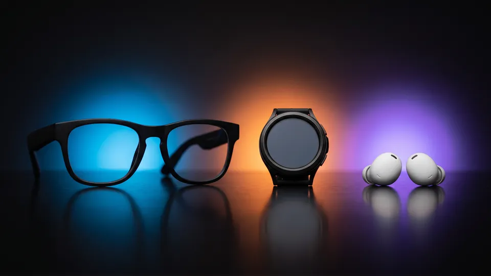 Three unbranded wearables on a dark reflective surface: black glasses in a blue glow, a round black smartwatch in an orange glow and white earbuds in a violet glow