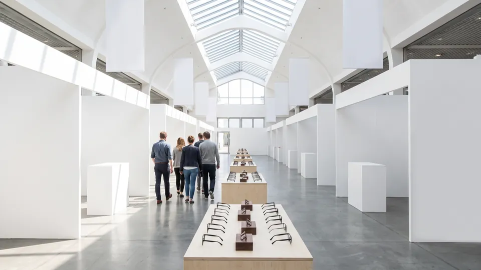A bright exhibition hall with white booths and long tables of black glasses on small wooden stands, five visitors walking away down the aisle