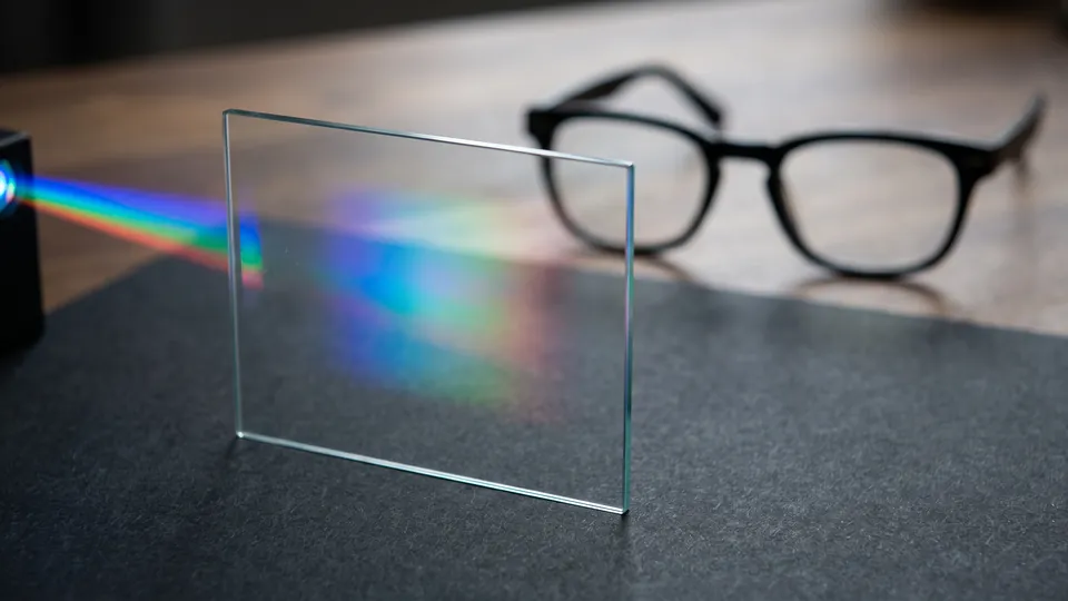 A thin clear glass plate standing on a dark surface with a rainbow-colored beam of light entering from a small black projector at the left and spreading across the glass, a pair of plain black glasses blurred behind it