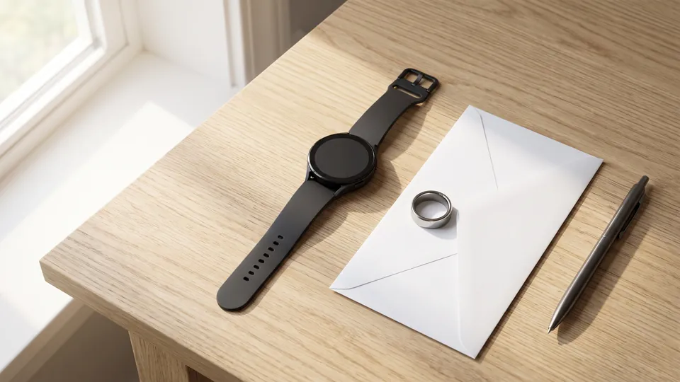 A plain round black smartwatch, a silver smart ring lying on a blank white envelope and a metal pen on a light wooden desk beside a sunlit window