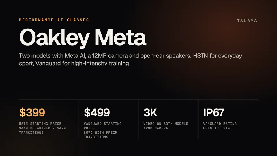 Talaya graphic with Oakley Meta prices and specs: HSTN from $399, Vanguard from $499, 3K video on both models, Vanguard rated IP67 and HSTN rated IPX4