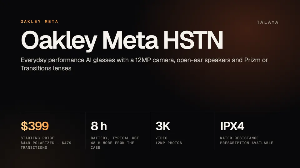 Talaya graphic with Oakley Meta HSTN specs: from $399, up to 8 hours of battery with 48 more from the case, 3K video and 12MP photos, IPX4 water resistance and prescription available
