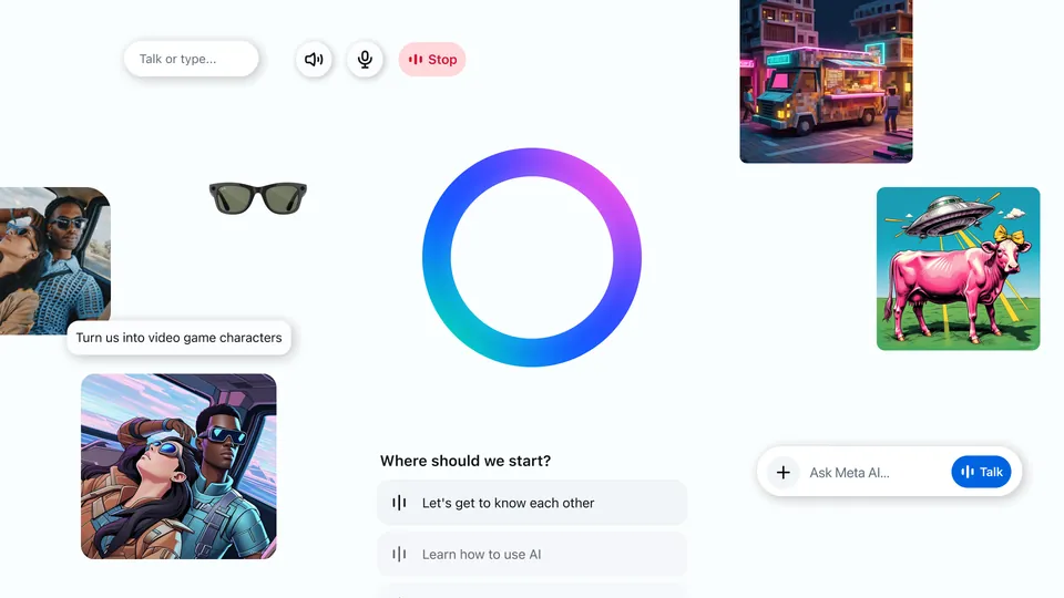 Meta AI app artwork: a glowing blue and purple ring at the center of a white screen with a text field, voice buttons, suggested prompts and small images including sunglasses and a food truck