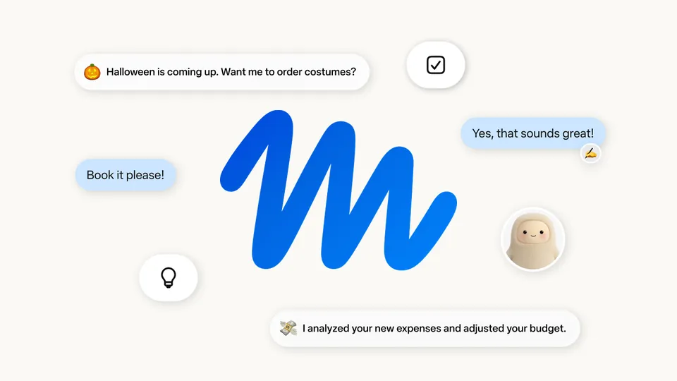 A blue stylized M surrounded by chat bubbles about ordering costumes and adjusting a budget