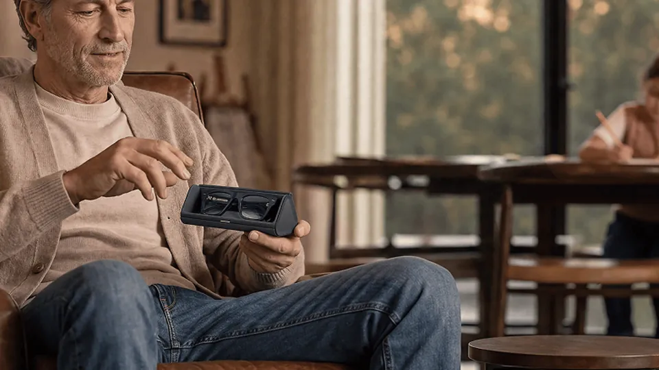 A man in a cardigan sits in an armchair at home and reaches toward a pair of Nuance Audio glasses in a dark charging case, with a person drawing at a table behind him