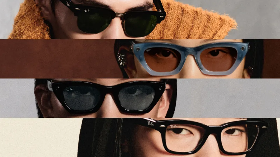 Four horizontal strips, each showing a different person's eyes behind a different style of black or blue Ray-Ban glasses, from a Clubmaster to cat-eye frames