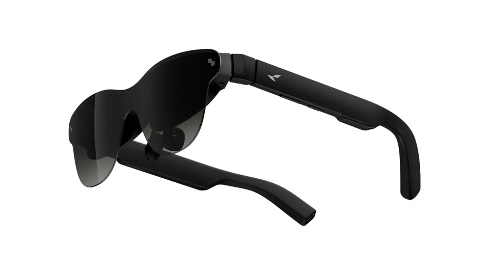 RayNeo Air 4 Pro glasses with a dark wraparound visor lens and black temples, seen at an angle on a white background