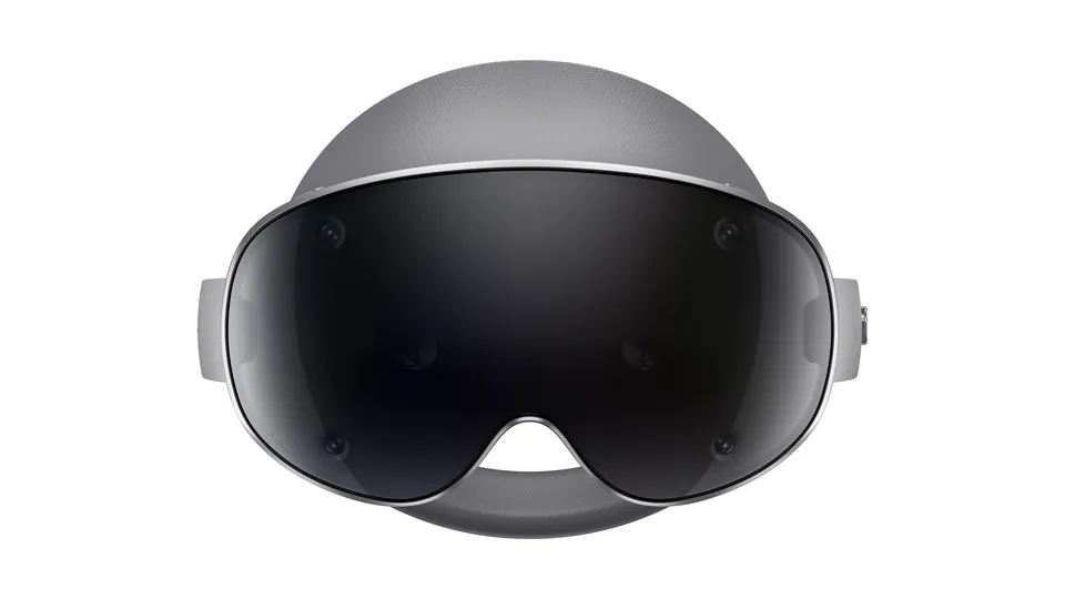 Front view of the Samsung Galaxy XR headset, a dark glass visor with silver edges and several camera lenses, on a white background