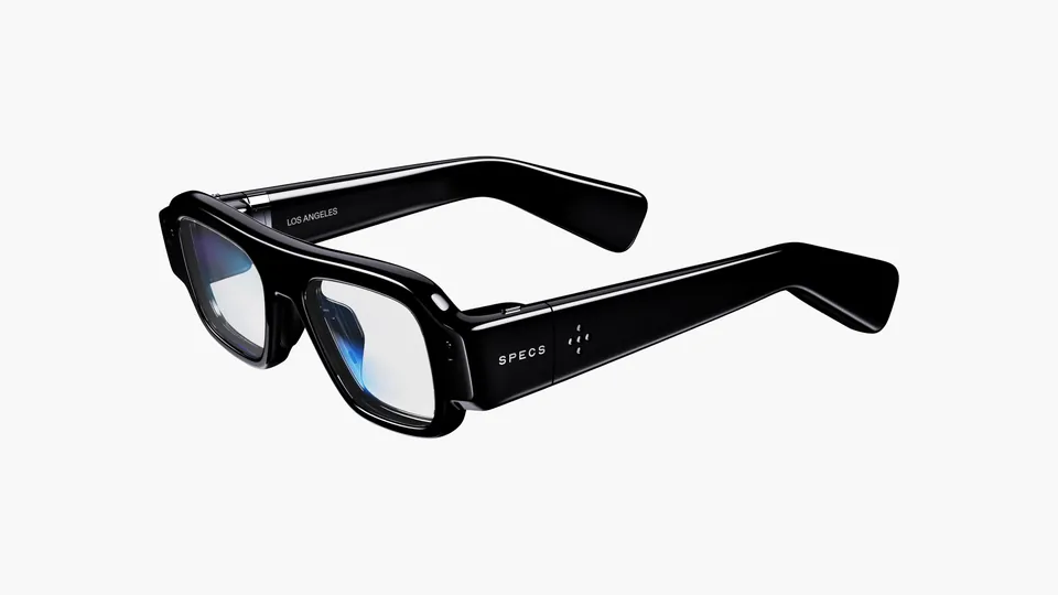 Black glossy rectangular frame smart glasses on a plain white background, with the SPECS wordmark on the near arm and LOS ANGELES printed inside the far arm