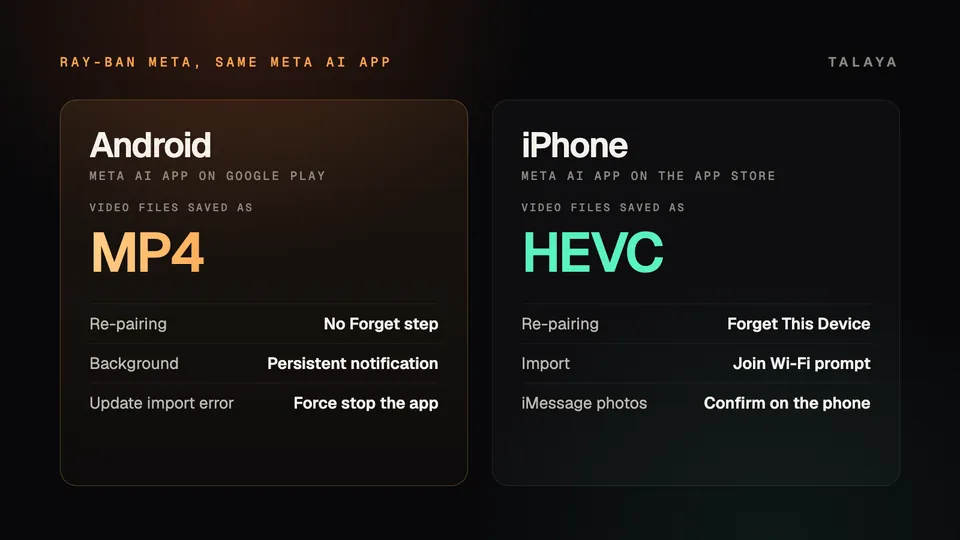 Talaya graphic comparing Android and iPhone use of Ray-Ban Meta: video saved as MP4 on Android and HEVC on iPhone, plus differences in re-pairing, background notices and import prompts