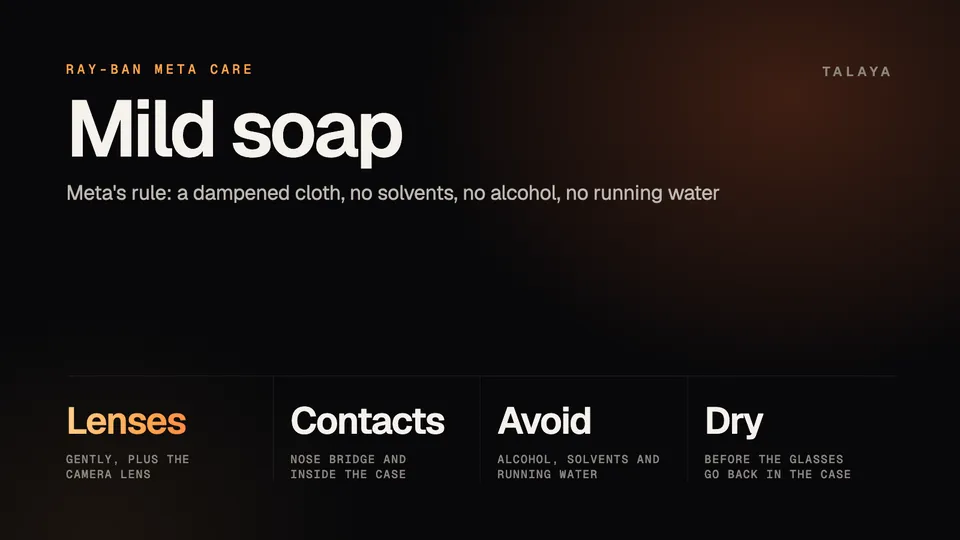 Talaya graphic titled Mild soap with Meta's cleaning rule for Ray-Ban Meta glasses and four notes: lenses, charging contacts, what to avoid and drying before the case