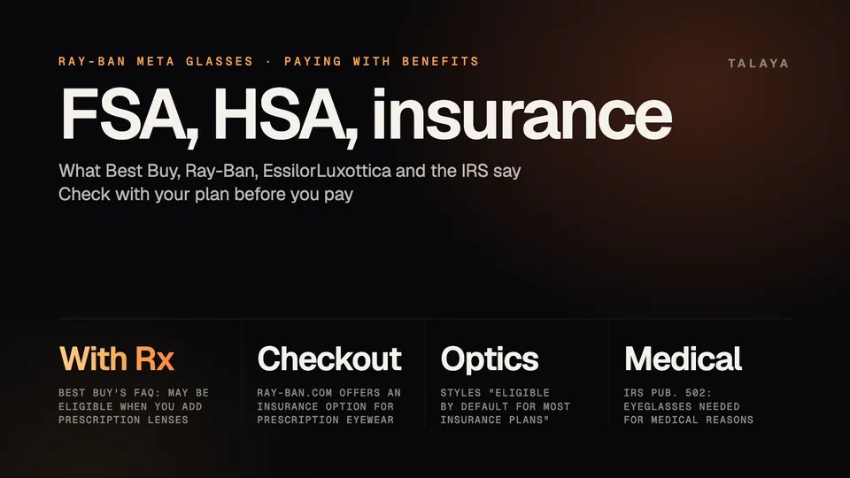Graphic titled FSA, HSA, insurance, summarizing what Best Buy, Ray-Ban, EssilorLuxottica and the IRS say about paying for Ray-Ban Meta glasses with benefits