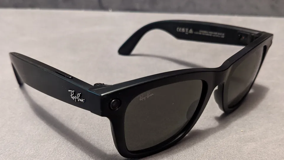 Black Ray-Ban Stories camera glasses seen up close