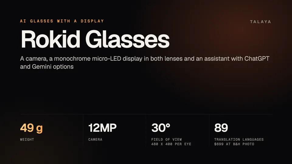 Talaya graphic with Rokid Glasses specifications: a weight of 49 grams, a 12MP camera, a 30-degree field of view on a 480 by 400 pixel display and translation in 89 languages, with a US price of $699 at B&H Photo